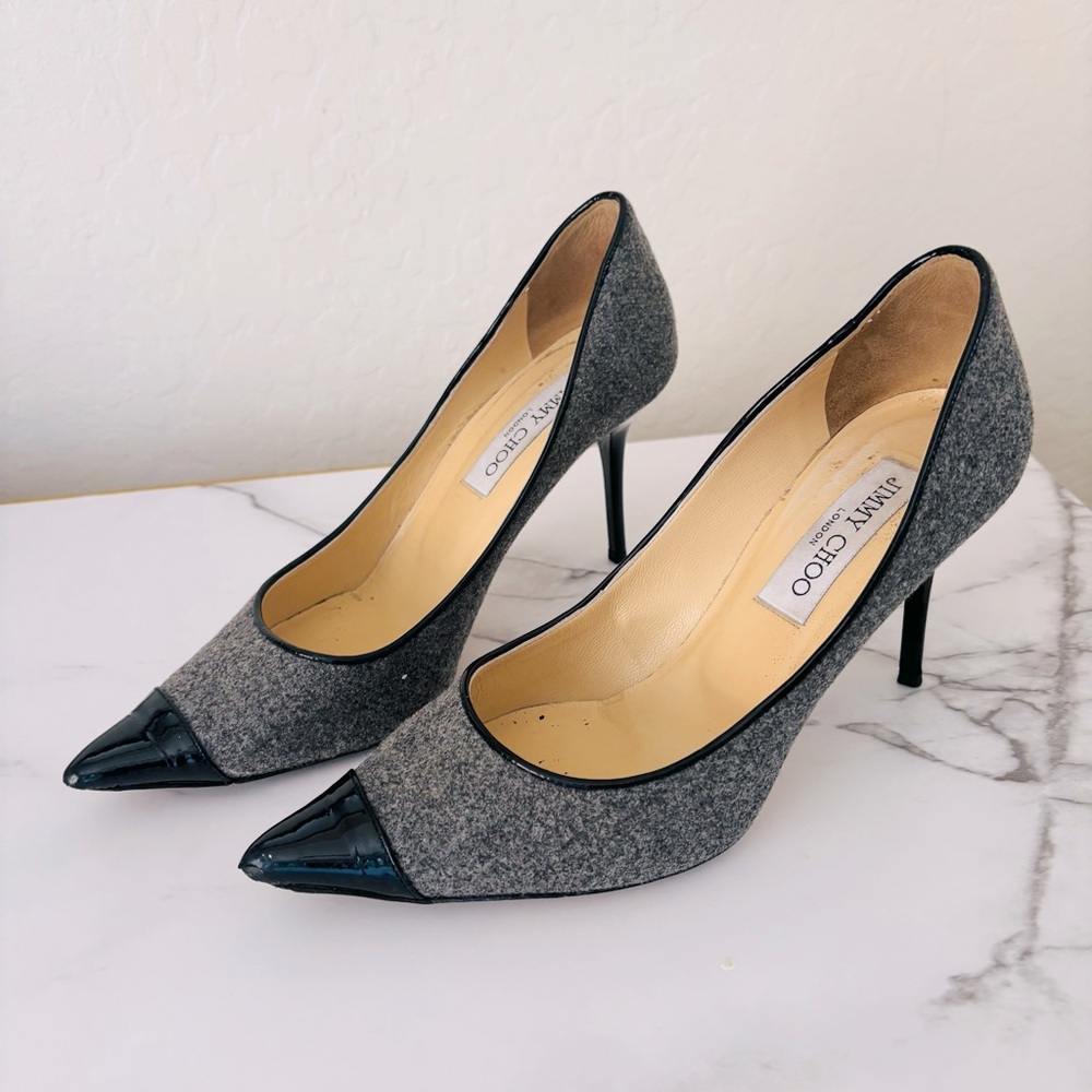 Jimmy Choo Flannel Wool Patent Leather Cap Toe Pumps Size 7.5 US Gray Black